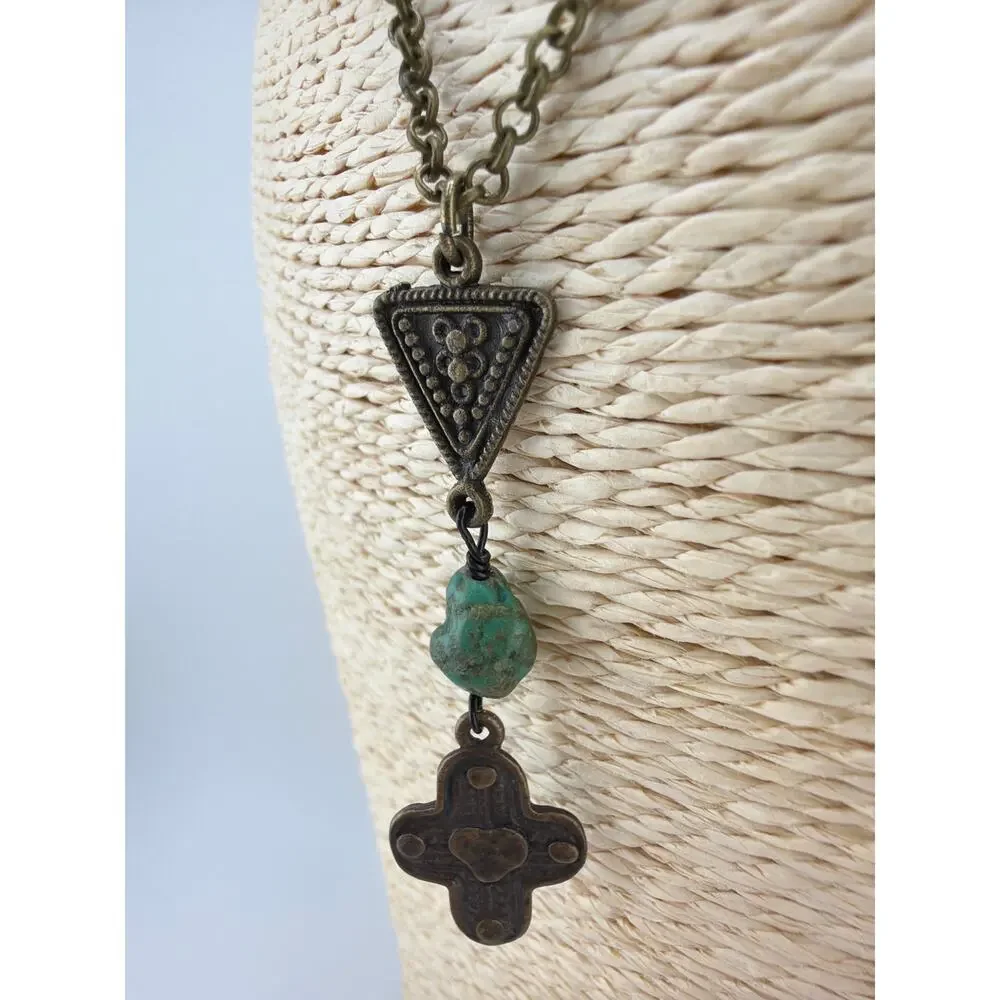 Handcrafted Artisan Made Ethiopian  Coptic Cross Pendant Necklace with Turquoise
